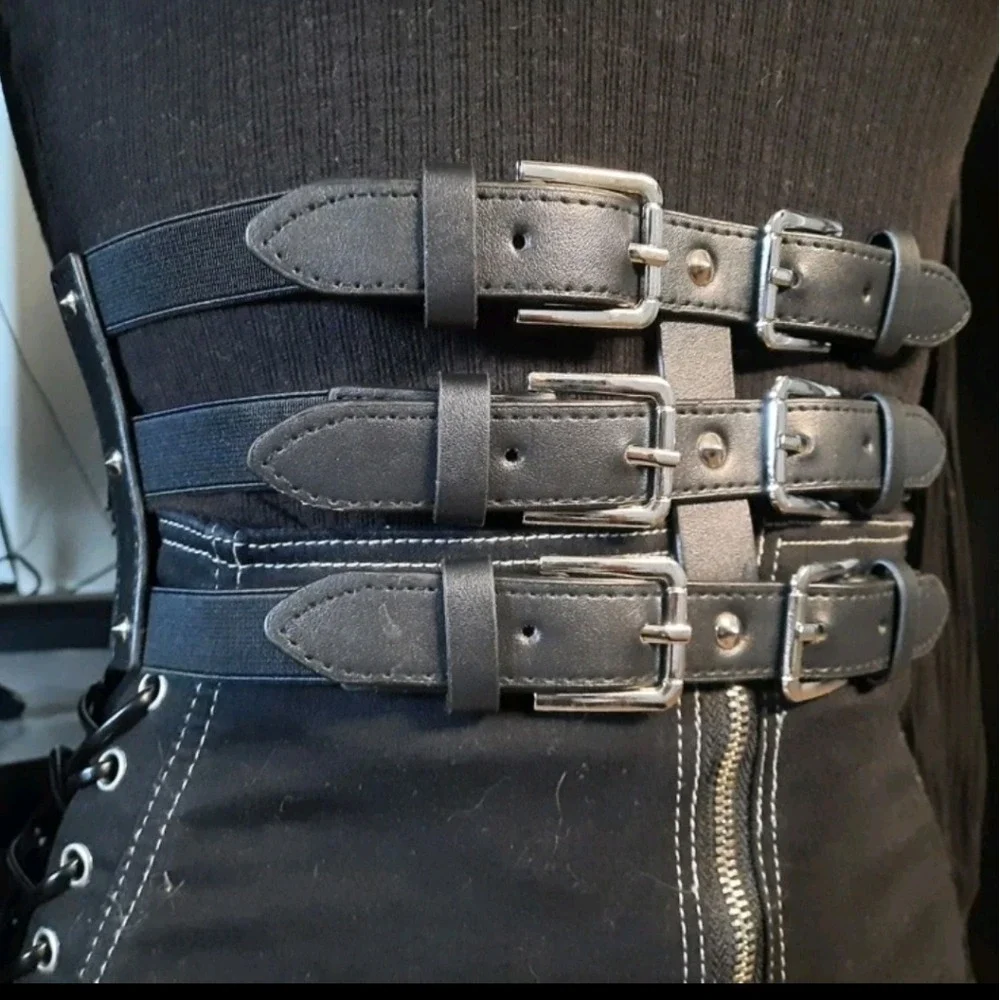 Faux leather Wide corset waist Black Belt studded Goth punk Triple buckle